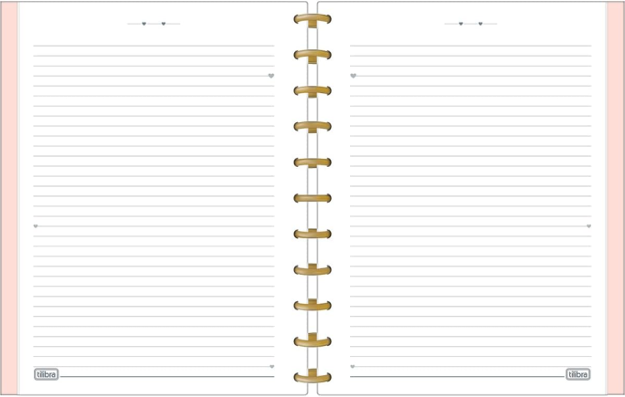 Imagem: Caderno da Tilibra aberto demonstrando como são as folhas. As folhas contém os seguintes detalhes: Linhas nítidas horizontais para escrever, área para colocar a data do dia na parte superior da folha no centro, com corações coloridos em cinza para separar dia, mês e ano. Na terceira linha, próximo do arame de encardenação tem um pequeno coração cinza. Na parte inferior do caderno, tem a logo da tiliza seguido de uma linha mais destacada.